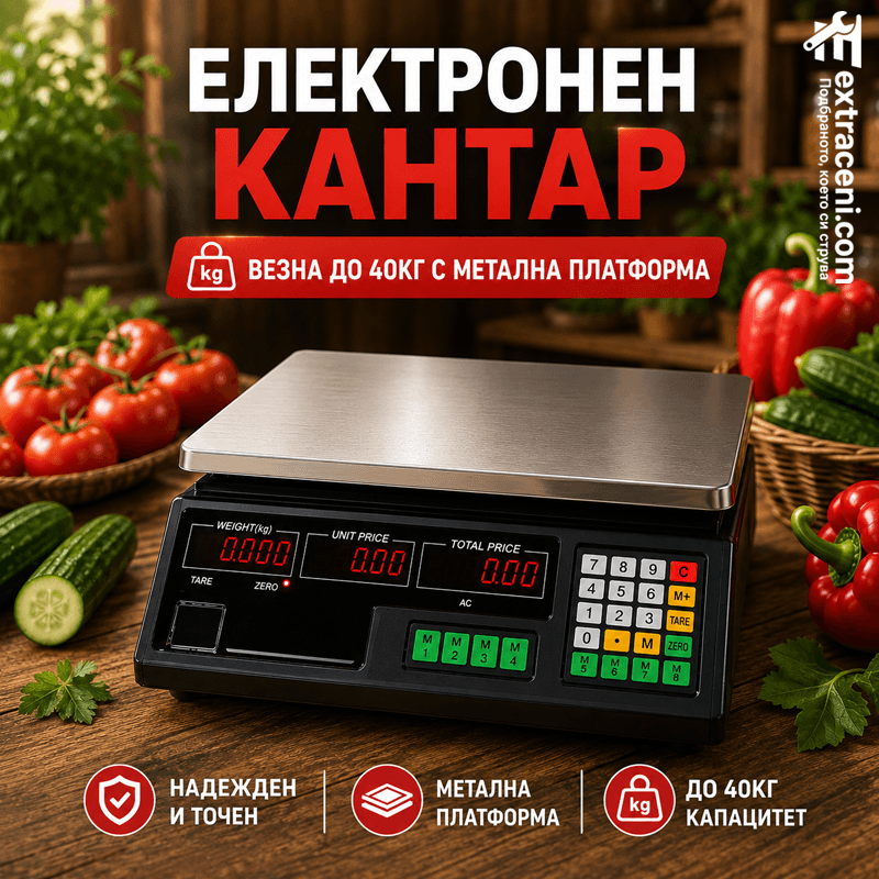Електронен Кантар 40 кг с Метален Плот и Акумулаторна Батерия