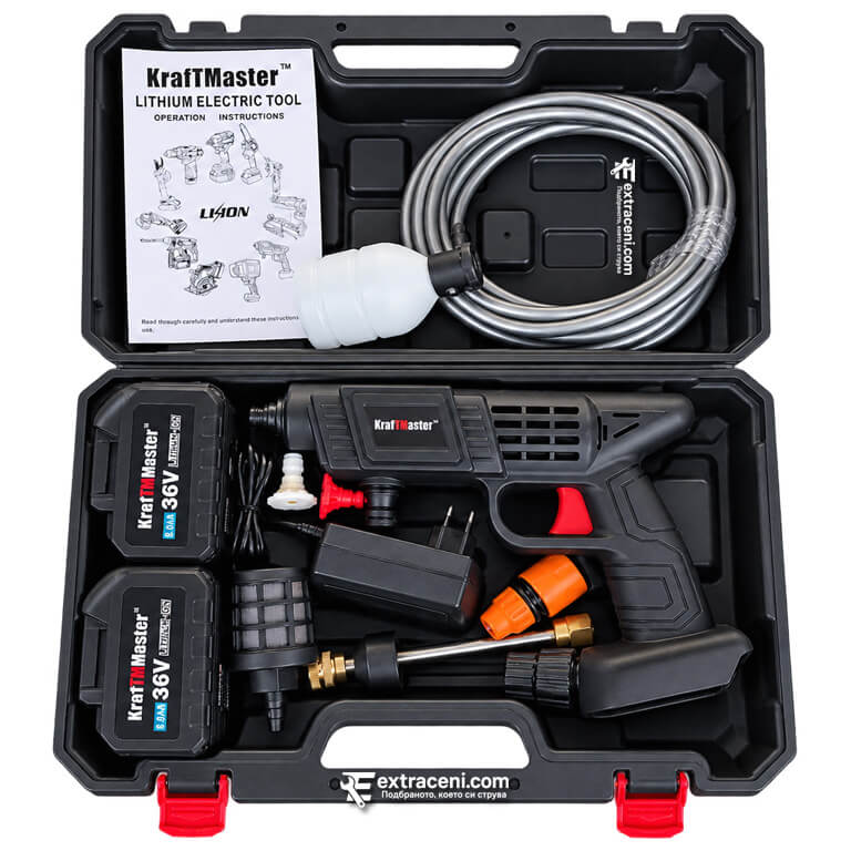 Мобилна Акумулаторна Водоструйка KRAFTMASTER с 2 Батерии 36V 8Ah и Високо Налягане 30 Бара в Куфар с Аксесоари - Image 2